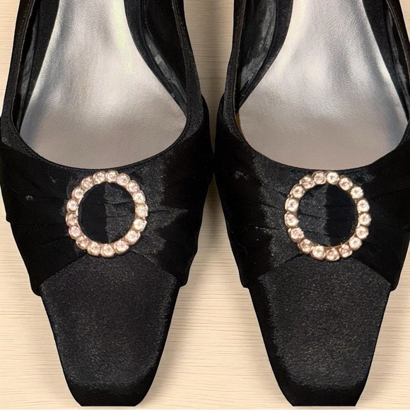 Mootsies Tootsies Monono Black Satin Formal Slingback Heels Rhinestone Shoes - Picture 4 of 10